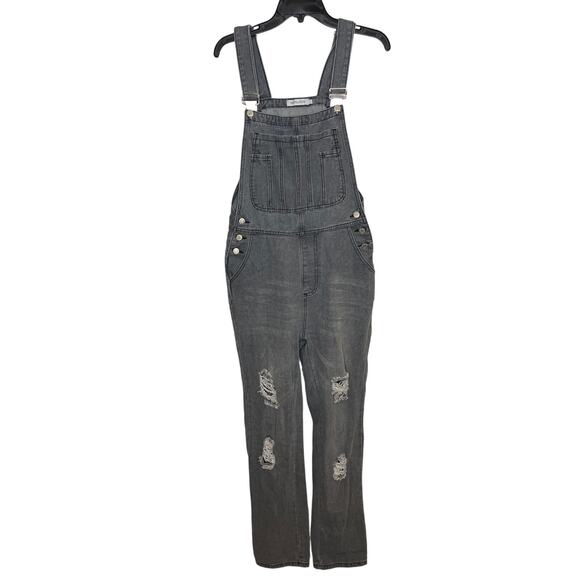 Misslook Denim Distressed Overalls Size Large Gray Wash - Picture 1 of 5